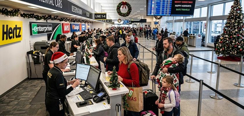 Busy airport rental car counter during Christmas vacation travel rush