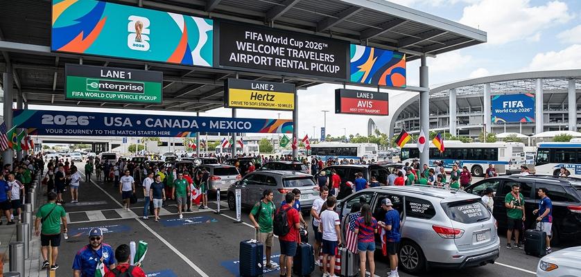 Travelers arriving at airport rental car pickup for FIFA World Cup 2026