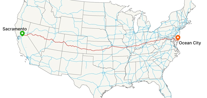 Map of Ocean City & ending at Sacramento
