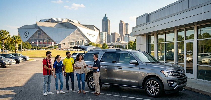 People around Mercedes-Benz Stadium with a car