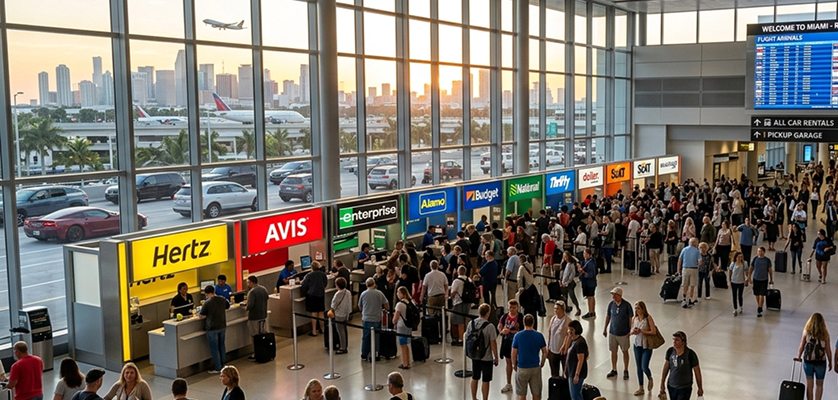 Busy Miami airport rental car center in winter