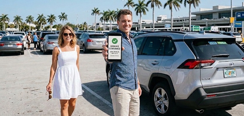 A man holding a smartphone with booking confirmation next to a rental SUV.