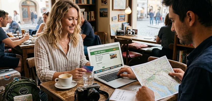 Tourist booking a rental car online for an upcoming vacation road trip