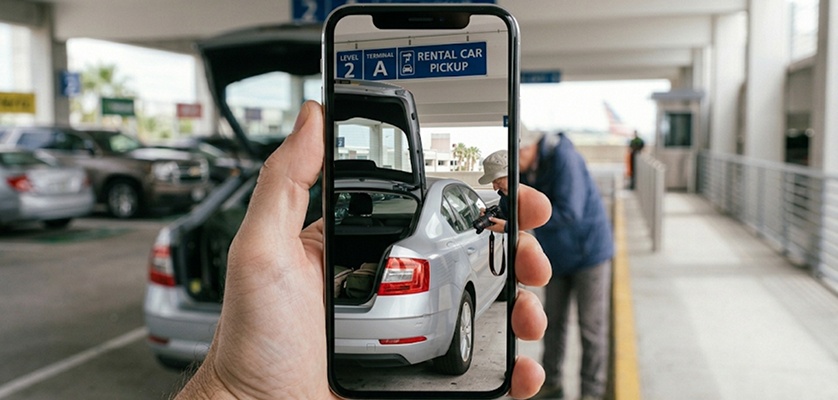 A tourist clicking photos of rental car